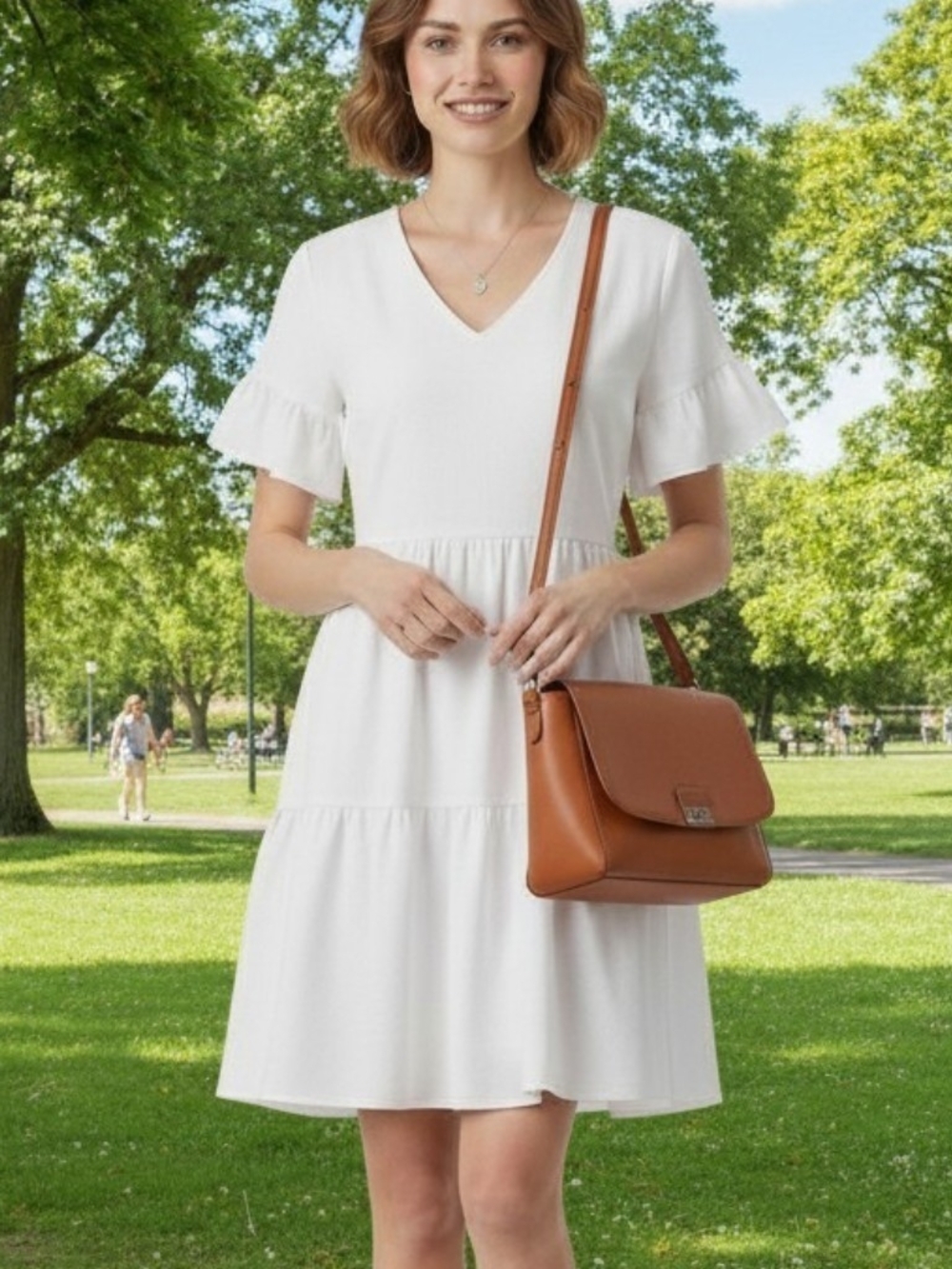 V-Neck White Tiered Short Sleeve Summer Dress